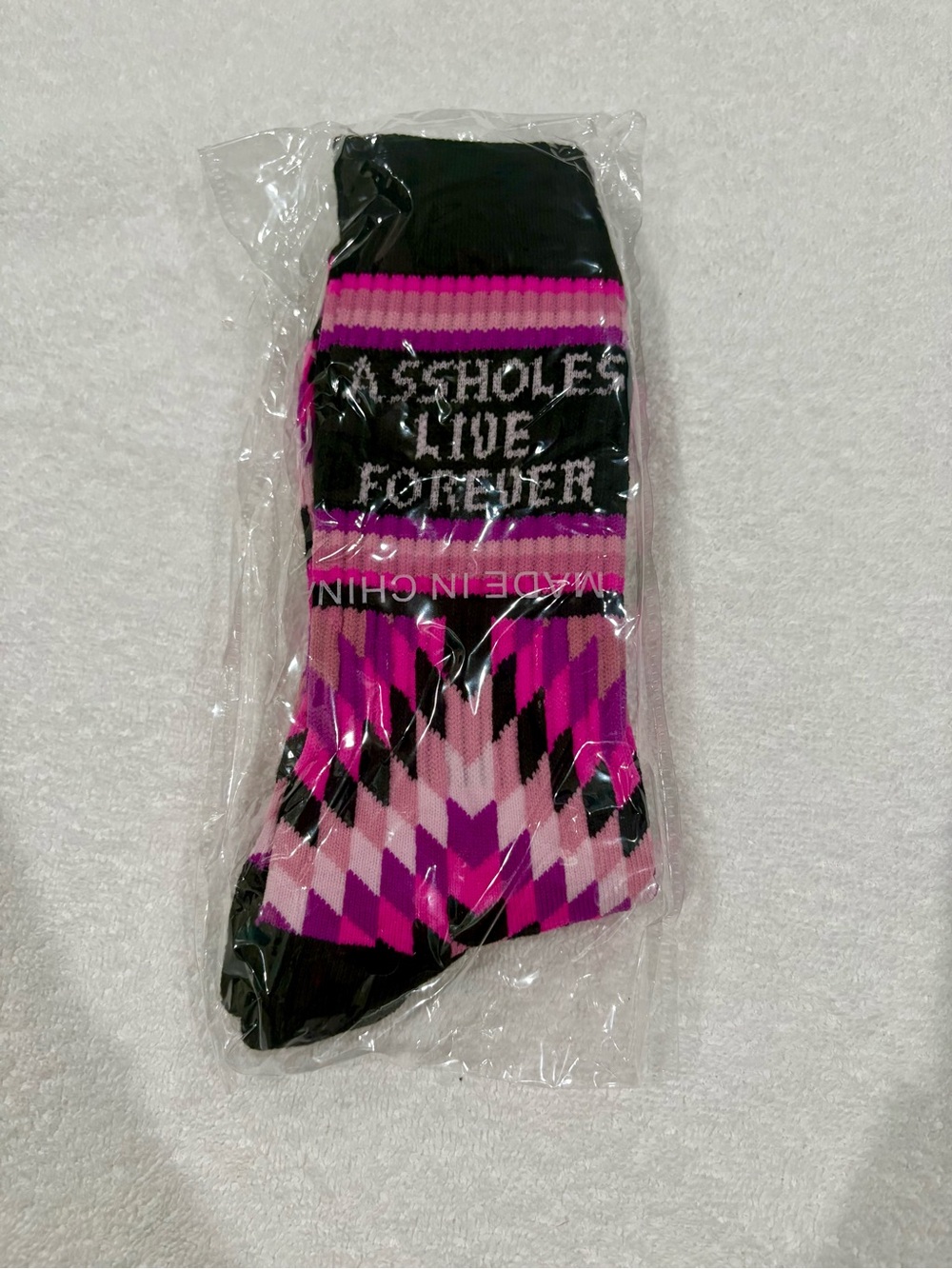Assholes Live Forever Bold Pink & Black Patterned Crew Socks
